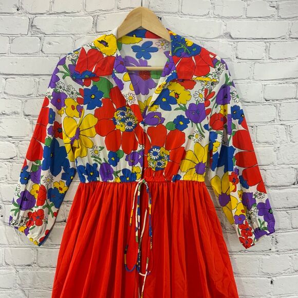 Vintage 70’s Psychedelic Bright Floral Print Sheer House Lounge Dress Groovy Mod - Picture 2 of 11